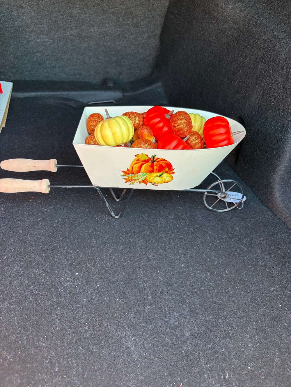 Decorative White Metal Wheelbarrow Bowl with Pumpkin Motif - White